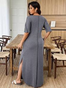 Weeklong Vestido de punto casual con cuello en V, rayas, bolsillos dobles, fruncido y abertura en el bajo para mujer talla grande, primavera/verano - Gris - View 2