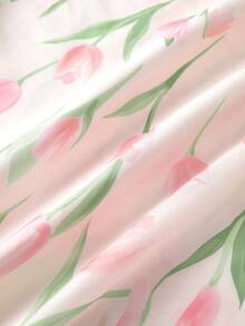 GlowEve 春夏雪紡網紗A字版型鬱金香碎花印花不對稱剪裁耐穿雙層數位印花浪漫飄逸精緻優雅度假長版中長裙 - 粉色 - 查看 6