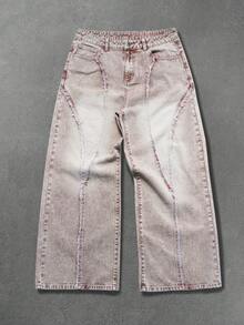 Manfinity EMRG Pantalones de pierna ancha con diseño de streetwear para hombres, con parches deshilachados, bordado ligero vintage y lavado - Rosa Pálido - Ver 5