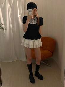 DAZY 女款領口格紋拼接短袖T恤，春夏可愛上衣 - 黑色 - 查看 4