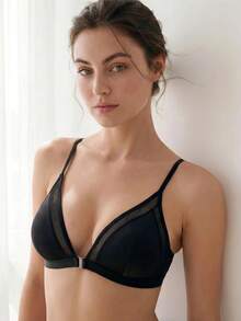 Liftille Sexy Mesh Splicing Front-Clasp Deep V Bra - Black - View 1
