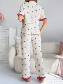 CottageSlumber Conjunto de cárdigan con estampado floral arrugado de burbujas y ribete de volantes - Burdeos - Ver 2