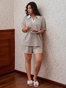 CovetEZ Frühling/Sommer Neues lockeres gestreiftes V-Ausschnitt Schulter-Drop Langarm T-Shirt und elastische Taille gestreifte Hose Große Größen 2 Stücke Set für Urlaub und Freizeitkleidung - Khaki - Übersicht 8