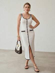 MOTF PREMIUM PLUS SIZE SUMMER FASHION CONTRAST TRIM SLIT HEM SWEATER DRESS - White - View 1