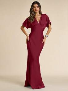 SHEIN BAE Robe élégante pour femme en satin bleu, col V profond, manches courtes, coupe sirène, printemps/été, robe de soirée, robe de cocktail, robe pour occasion formelle, robe de demoiselle d'honneur, robe pour fête d'anniversaire, robe de cocktail, robe bleue - Rouge foncé - Voir 5