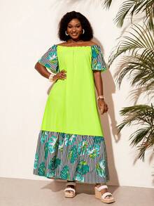 BrightlyHer Vestido de moda a rayas con hombros descubiertos para mujer talla grande para vacaciones - Multicolor - Ver 6