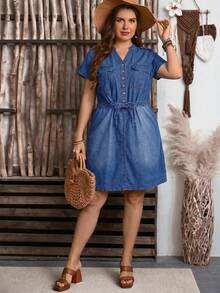 EMERY ROSE EMERY ROSE Vestido de mezclilla de talla grande para mujer con botones delanteros, bolsillos y manga corta - Azul - Ver 5