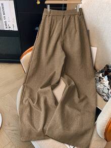 GlowEve 女款春夏休閒藍色雙色調布料細綁帶設計寬腿西裝褲 - 棕色 - 查看 2