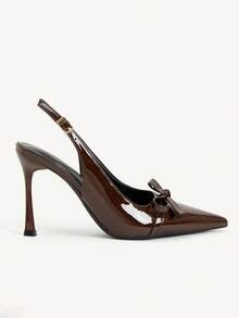 CUCCOO CHICEST Maillard Style Brown Bow Pointed Back Strap High Heels, Patent Leather Thin Heel Buckle Sandals, Workplace Dating Versatile Models Fall Shoes - Brown - View 3