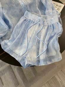 Resyla Setelan Kemeja Lengan Panjang Chiffon Longgar Model Bahu Jatuh untuk Wanita + Celana Pendek - Biru - View 7
