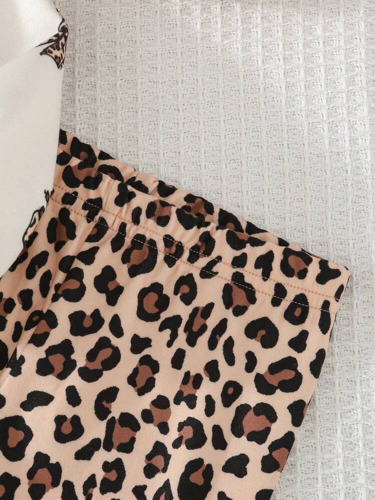 Cozy Pixies Baby Girl Cartoon Leopard Print Bow Round Neck Long Sleeve Pullover Sweatshirt Solid Color Elastic Waist Long Pants 2pcs/Set Comfortable Versatile Fashion Daily Cute Casual Minimalist Basic Style Suitable For Indoor, Outdoor Skiing, Daily Wear In Autumn/Winter - Multicolor - View 4