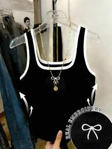 Resyla Women's Summer Contrast Trim Bow Embroidered Fitted Camisole - Black - View 5
