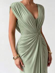 Aloruh Women's Spring/Summer New Sage Green Mesh A-Line Dress Suitable For Wedding Date Dinner Going Out Party Beach Elegant - Green - View 3