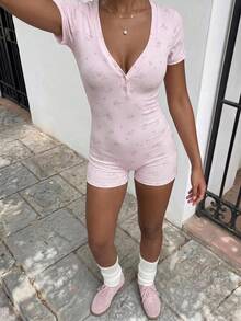 Flirla Summer Casual Cute Sexy Ditsy Floral Slim Fit Romper Lounge Pink Floral Everyday - Pink - View 4