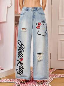 HELLO KITTY AND FRIENDS | SHEIN Celana Jeans Wanita Model Lebar dengan Motif Huruf dan Saku, Model Sobek - Biru - View 3