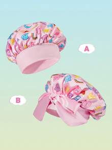 SHEIN X Care Bears 升級版雙層布料護髮帽，寬邊彈性緞面睡眠帽，柔軟舒適，適合居家日常睡眠穿戴 - 粉色 - 查看 1