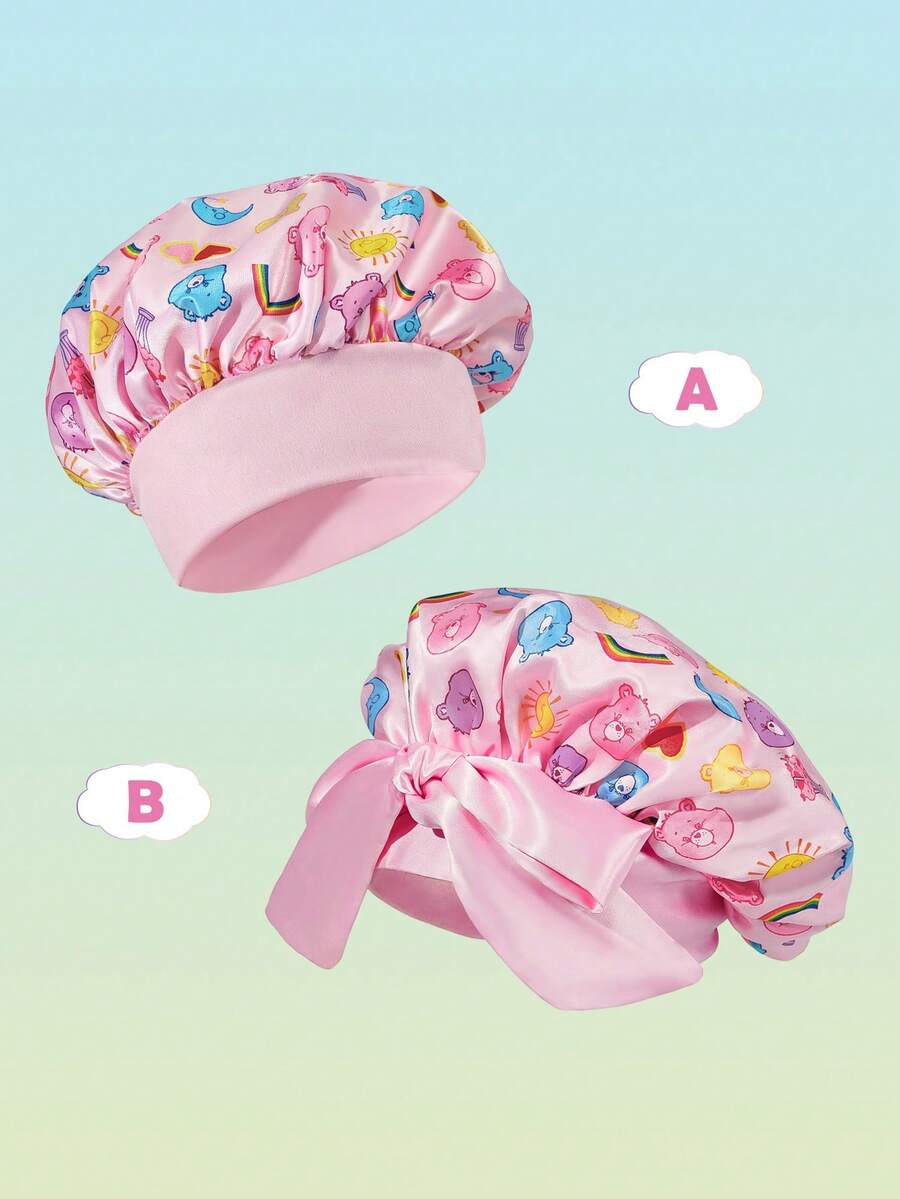 SHEIN X Care Bears 升級版雙層布料護髮帽,寬邊彈性緞面睡眠帽,柔軟舒適,適合居家日常睡眠穿戴 - 粉色 - 查看 1