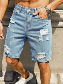 Manfinity Roughcore Men's Street Style Casual Distressed Blue Plus Size Denim Shorts, Holiday - Light Wash - View 7