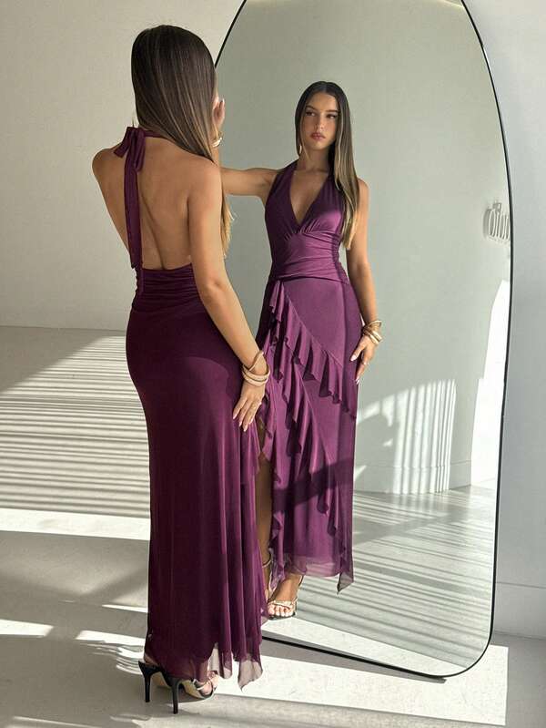 Aloruh Deep Purple Mesh Ruffle Deep V-Neck Backless Halter Sexy Elegant Dress