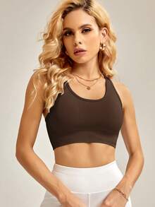 Nuvra Seamless Solid Color Casual Sports Bra Top - Coffee Brown - View 8