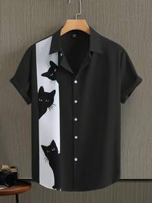 Manfinity Homme Men's Casual Cat Print Graphic Short Sleeve Shirt Collar Top, For Going Out - Black - View 3