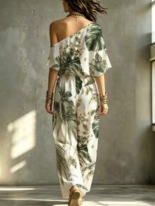 Glimmora Vintage Bohemian Vacation Style Green Plant Print Asymmetrical Neck Top And Wide Leg Pants 2-Piece Set, Summer Vacation Casual Travel Women's Outfit - Multicolor - View 2