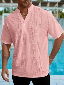Genlund Plus Size Men's Notched Neck Solid Color Casual Versatile Daily Wear Short Sleeve Shirt, Holiday Holiday - Pink - View 3