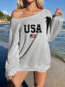 SHEIN EZwear 淺灰色女款露肩寬鬆休閒長袖衛衣 - 淺灰色 - 查看 4