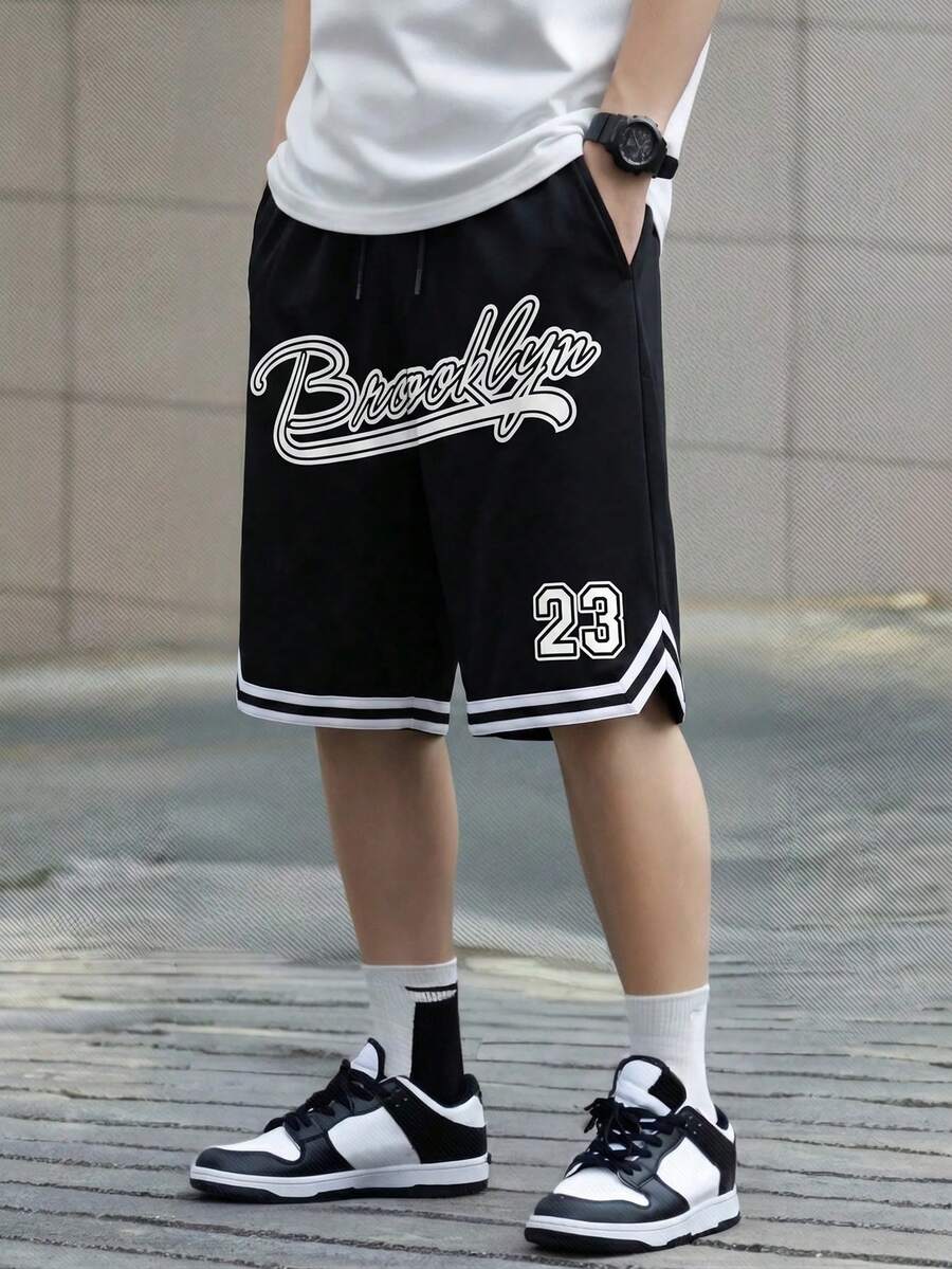 1件青少年男童洛杉矶23号印花运动休闲篮球/足球短裤,适合海滩、度假、滑板运动 - 黑色 - 查看 1