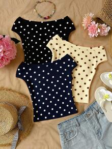 3pcs/Set Girls' Off-Shoulder Fitted Vacation T-Shirts, Multi-Pack With Various Colors And Styles, Bohemian Polka Dot, Suitable For Spring/Summer Daily Wear - Multicolor - View 2