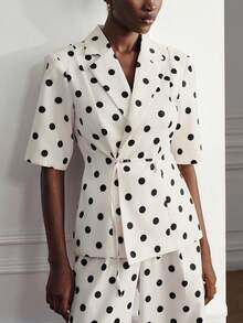 Aveloria Modichic Summer White Polka Dot Contrast Color Elegant Design Lapel Waist Belt Short Sleeve Women's Blazer Jacket High Waist Suit Pants Dinner Office Tea Party - Beige - View 2