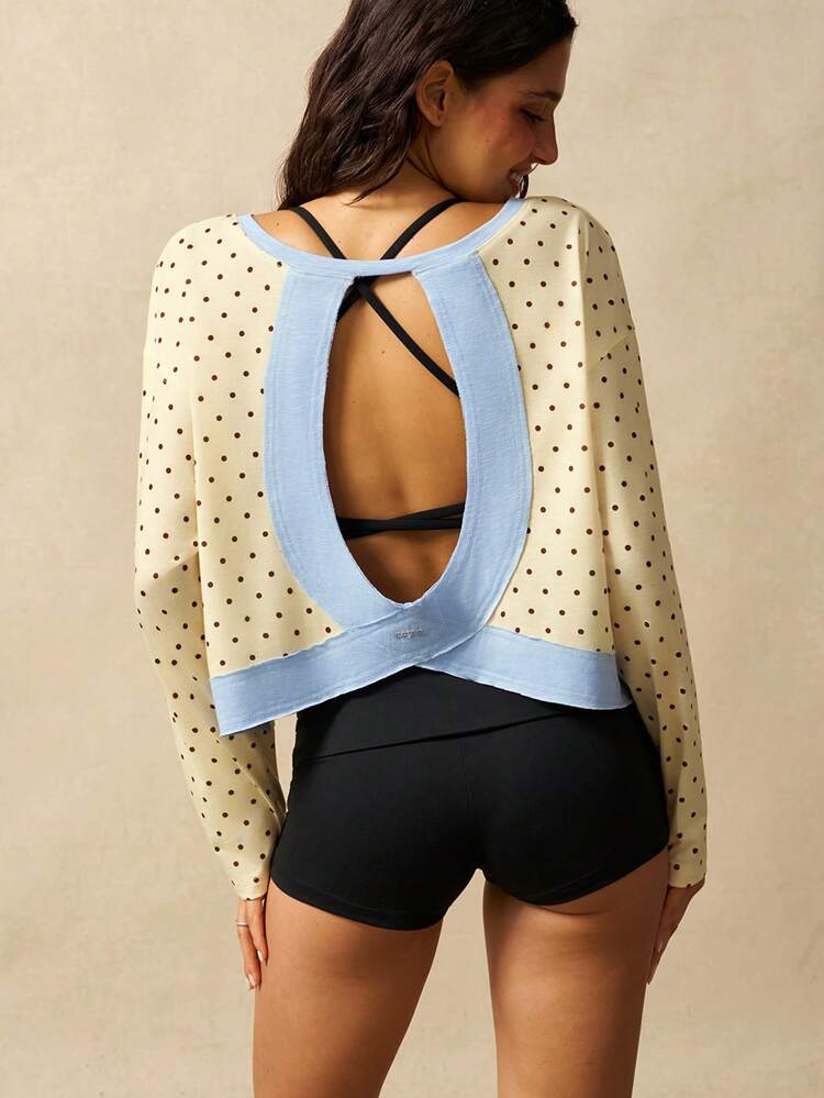 VARSIVA Colorblock Patchwork Polka Dot Print Hollow Back Sports T-Shirt - Multicolor - View 7