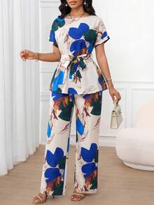 SHEIN Lady 女款葉脈印花腰部打結上衣與長褲休閒日常兩件套 - 藍色 - 查看 5