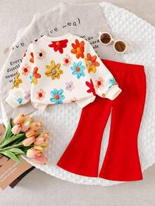 SHEIN Playful Pals 1套女嬰休閒時尚可愛甜美3D仿刺繡花卉印花圓領衛衣與純色喇叭褲套裝，適合秋冬、日常、戶外穿著，基礎百搭時尚 - 彩色 - 查看 3