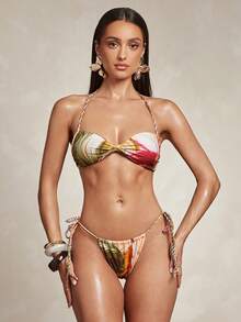 Silquee Summer Beach Vacation Beige Orange Halter Neck Women's Bikini Sarong 3 Pieces Set Tropical - Multicolor - View 7