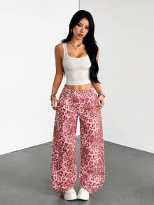 SHEIN Tall Women's Outdoor Y2k Streetwear Street Fashion Versatile Pink Leopard Print Multi-Pocket Denim Wide Leg Pants Night Out Summer - Pink - View 4