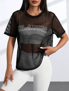 Velisys Velisys 女款圓領純色字母印花網眼時尚運動T恤 - 彩色 - 查看 6