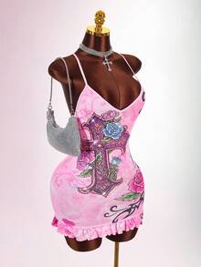 Bumpella Women's Floral Cross Pattern Sexy Date Party Mini Cami Dress - Pink - View 7