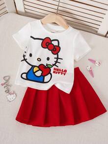 HELLO KITTY AND FRIENDS | SHEIN 女嬰卡通印花T恤與百褶裙套裝 - 紅色 - 查看 1