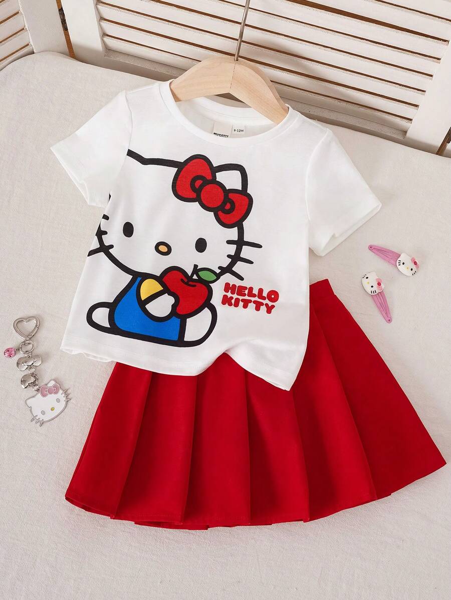 HELLO KITTY AND FRIENDS | SHEIN 女嬰卡通印花T恤與百褶裙套裝 - 紅色 - 查看 1