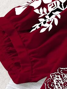 Linhara 春夏秋休閒通勤度假中袖落肩袖V領花卉植物印花素色大尺碼女式襯衫，適合多種場合 - 紅色 - 查看 5