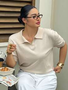 Dazy Plus 趣味通勤拼接撞色 Polo 領休閒短袖大尺碼女款春夏針織上衣 - 杏色 - 查看 1