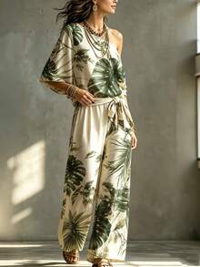 Glimmora Vintage Bohemian Vacation Style Green Plant Print Asymmetrical Neck Top And Wide Leg Pants 2-Piece Set, Summer Vacation Casual Travel Women's Outfit - Multicolor - View 3