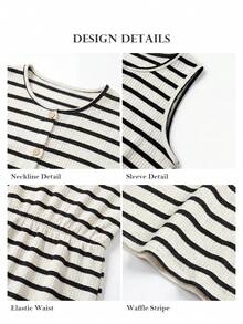 ELLERISSA Plus Size White & Black Stripe Round Neck Sleeveless Front Button Waffle Knit Midi Dress - Black and White - View 8