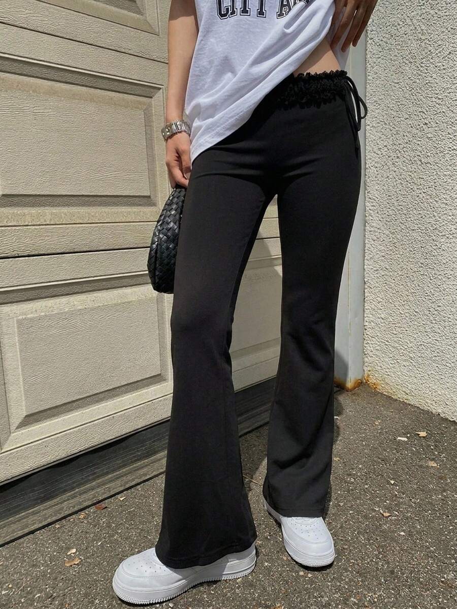 DAZY Women's Korean Style Casual Solid Color Ruffle Hem Long Pants - Black - View 1