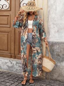 SHEIN VCAY 女款全印花休閒度假旅行罩衫晨袍 - 藍色 - 查看 6