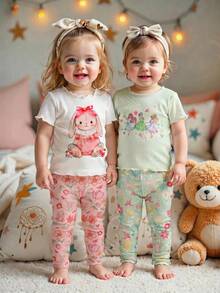 SHEIN Bộ 4 món đồ ngủ cho bé gái, họa tiết gấu hoạt hình dễ thương và hoa, cổ tròn, tay ngắn, viền bèo nhún, chất liệu dệt kim, thoải mái. - Nhiều màu - Xem 2