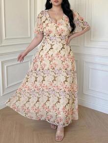 Vibekara Plus Size Women's V-Neck Cape Design Floral Print Chiffon Dress With Ruched And Flared Hem, French Romantic Style Purple Floral Chiffon V-Neck Dress, Women's Summer Cardigan Sleeve Waist-Cinching Design, Elegant Long Dress, Date Outfit, Suitable For Casual Outings, Urban Commuting, Dates, Gatherings, Birthdays, Parties, Banquets, Evening Events, Tea Parties, Vacations, Holidays, And Work And Commuting Occasions - Multicolor - View 6