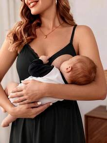 Modmama 孕妇纯色荷叶边下摆时尚哺乳吊带衫 - 黑與白 - 查看 3