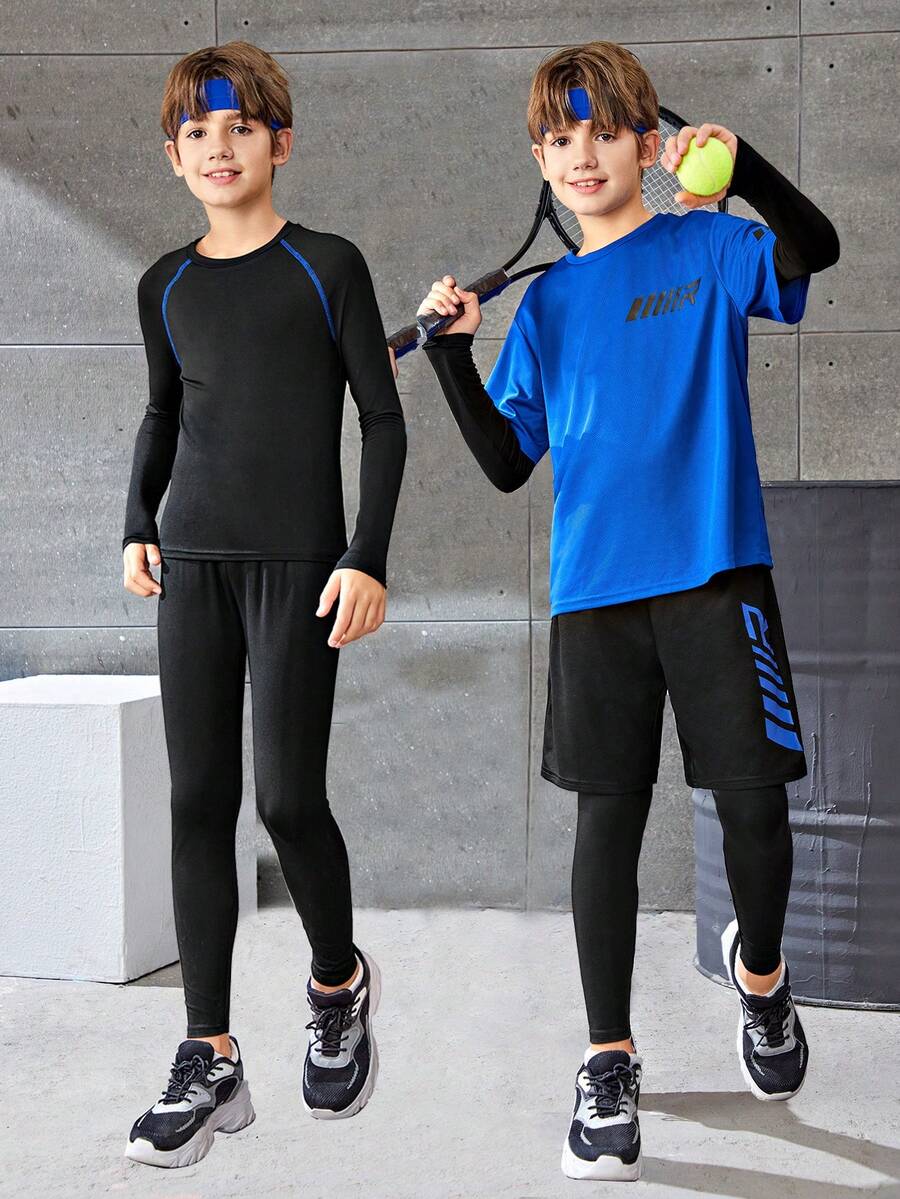 SHEIN Tween男童休閒運動印花圓領短袖T恤加短褲,並搭配緊身長袖T恤和長褲針織四件運動套裝,多件組合 - 藍色 - 查看 1